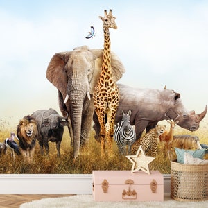 Carta da parati con animali da safari, carta da parati africana, carta da parati con fauna selvatica della savana, carta da parati staccabile e adesiva per camerette dei bambini, carta da parati con animali selvatici, stampa per bambini