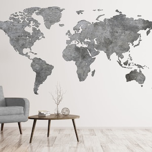 Grey Wall Art Decal World Map Wall Sticker Large World Map Print Vinyl Wall Sticker Abstract Greyscale Wall Decor Home Office Wall Decor