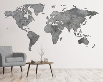 Grey Wall Art Decal World Map Wall Sticker Large World Map Print Vinyl Wall Sticker Abstract Greyscale Wall Decor Home Office Wall Decor