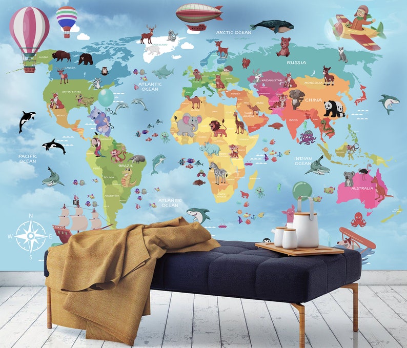 Peel and Stick Animal World Map Vinyl Wallpaper World Wall ...