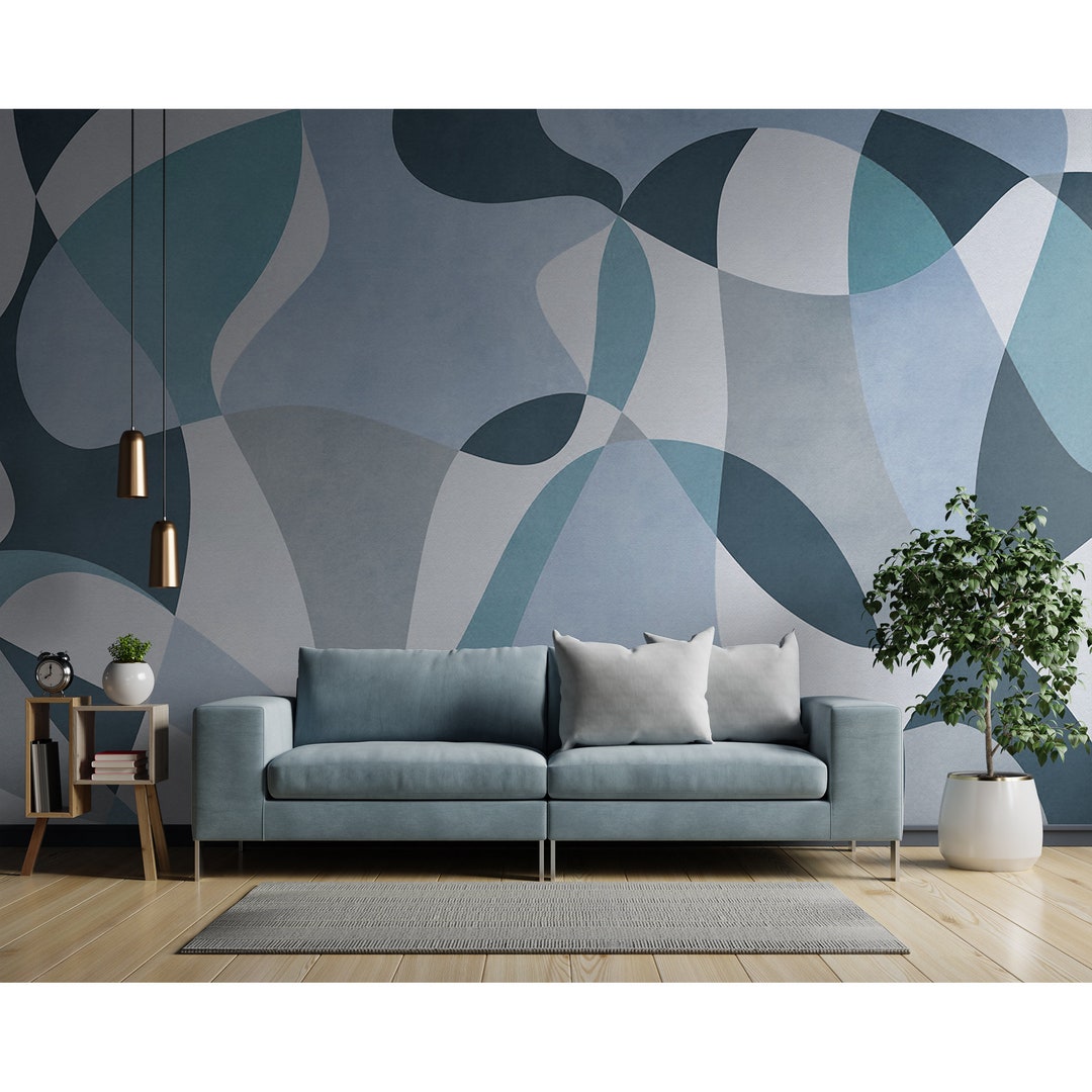 Blue Wallpaper Abstract Geometric Wall Mural Peel and Stick Retro Mid ...