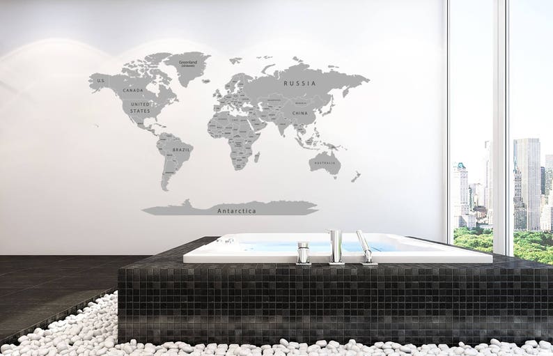 Vinyl Printed \u0421olorful titles Gray World map Poster Detailed Map Decal Print Map with countries Push pin World map decal Map of world decor
