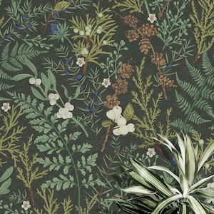 Carta da parati botanica verde scuro - Carta da parati con stampa di erbe della foresta disegnate a mano - Carta da parati botanica vintage - Carta da parati Cottagecore Fern Greenery