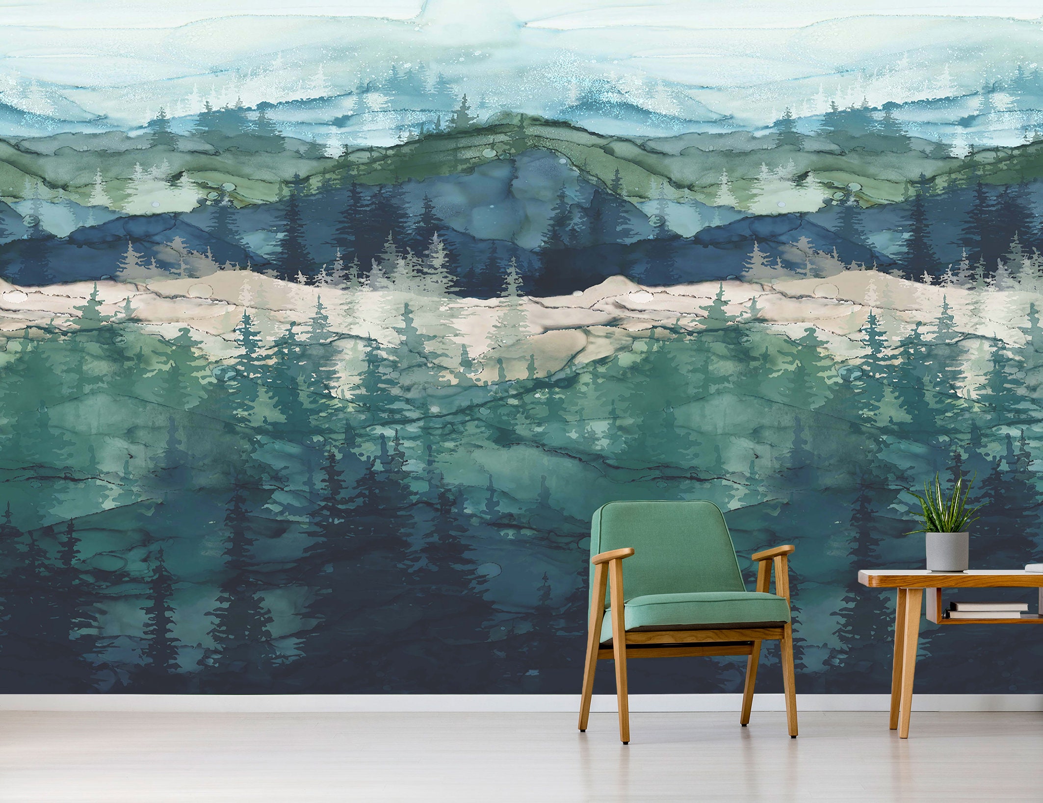 Watercolor Forest Trees Abstract Peel and Stick Wall Mural Wallpaper ...