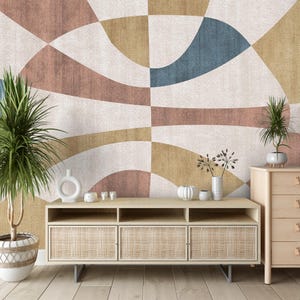 Papier peint géométrique bohème, décoration murale auto-adhésive / Traditionnel - Papier peint géométrique rétro Mid-Century pour chambre à coucher et salon beige