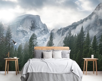 Rocky Mountains Wall Mural Forest Wallpaper Peel and Stick Nature Landscape Wall Decor Misty Foggy Forest Vinyl Wallpaper Scenic Mural