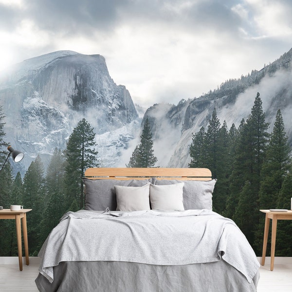 Rocky Mountains Wall Mural Forest Wallpaper Peel and Stick Nature Landscape Wall Decor Mysty Foggy Forest Vinyl Wallpaper
