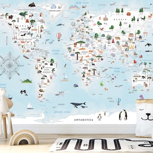 Exciting Kids Wallpaper Boy Room Decor Nursery Mural Kids World Map Peel and Stick Wallpaper Kids Room Wallpaper Educational Wall Art Murals