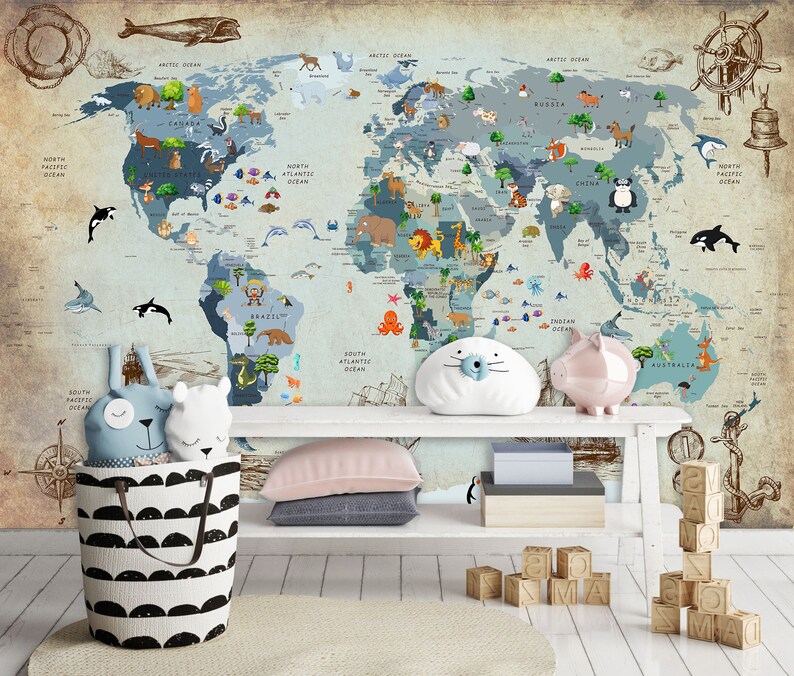 Large World Map Peel and Stick Vinyl Wallpaper Nursery Etsy