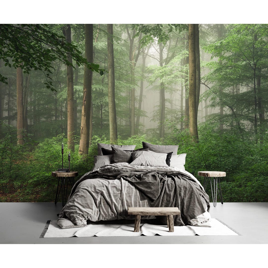 Misty Green Forest Wallpaper Peel and Stick Foggy Forest Trees Wall ...
