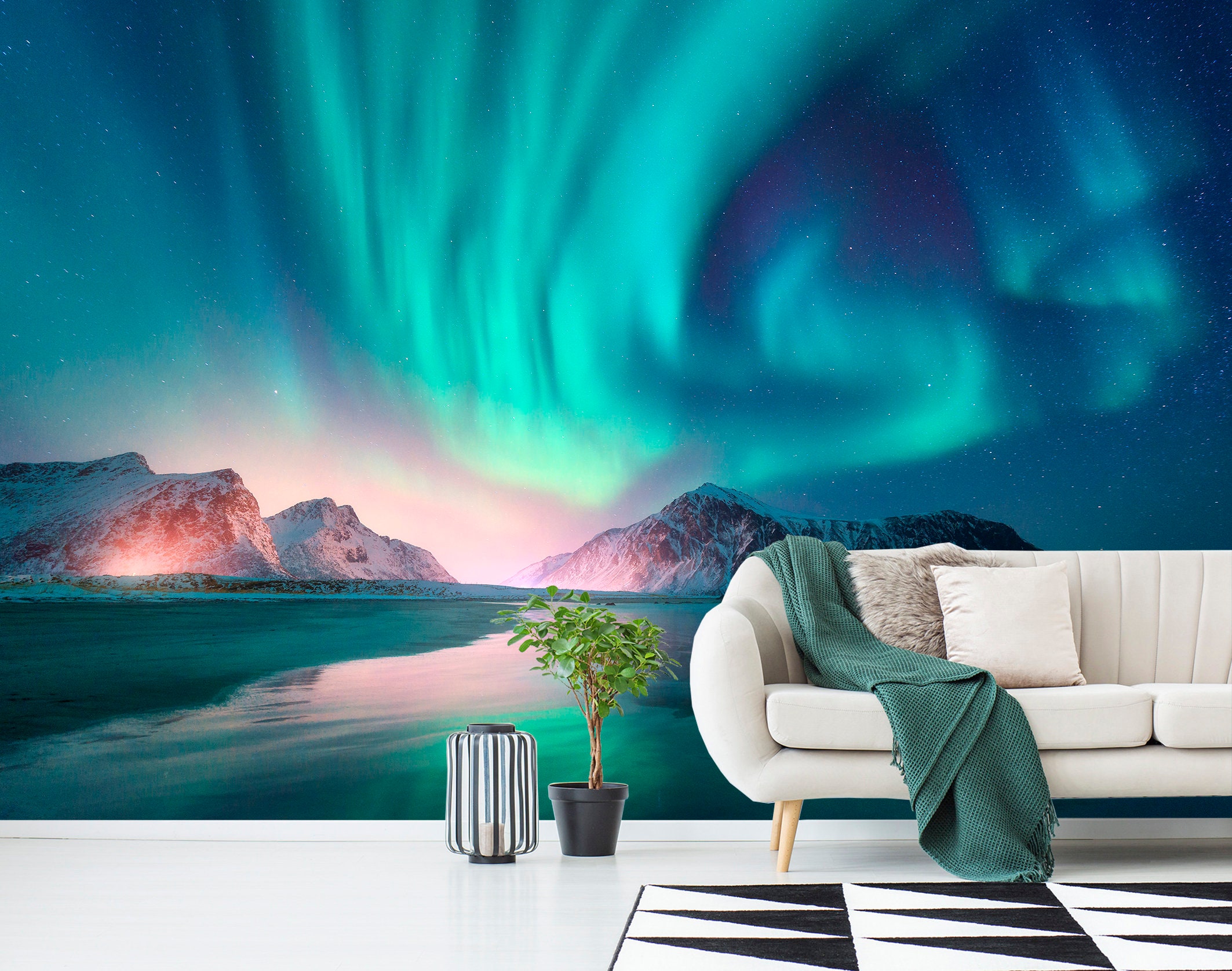 Mountains Wallpaper Northern light Wall Mural Removable Aurora Borealis Photo Wallpaper Removable Self Adhesive Peel and Stick Wall Decal