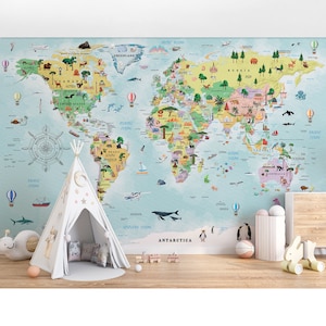 Kinder Tapete Bunte Länder Weltkarte Kinderzimmer Dekor Wandbild Spielzimmer Kinderzimmer Tapete Schälen und Aufkleben Aufkleber Großer Vinyl Aufkleber