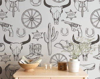 Western Wallpaper Cowboy Wall Mural Peel and Stick / Traditional Wall Paper Wild West Wall Decor Mural Playroom Wallpaper Rolls
