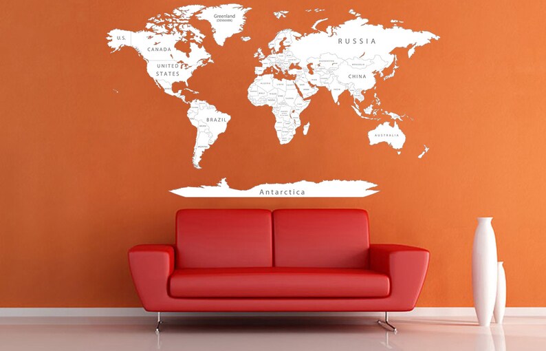 World Map Decal Home Wall Decor White Detailed Map of World Etsy