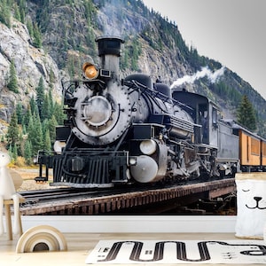 Carta da parati murale per bambini con treno a vapore e montagne panoramiche Carta da parati per la stanza dei bambini con locomotiva a vapore e stacca e attacca Carta da parati murale per la stanza dei giochi con vecchia ferrovia