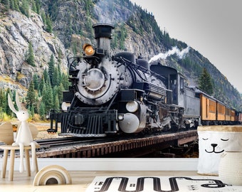 Steam Train & Scenic Mountain Mural Kids Room Wallpaper Peel and Stick Steam Engine Locomotive Wall Mural Playroom Old Railway Wallpaper