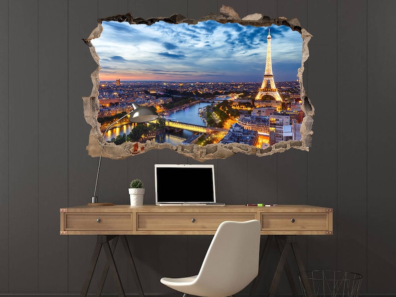 Wall crack decal Eiffel Tower decal Eiffel tower decor Night Etsy