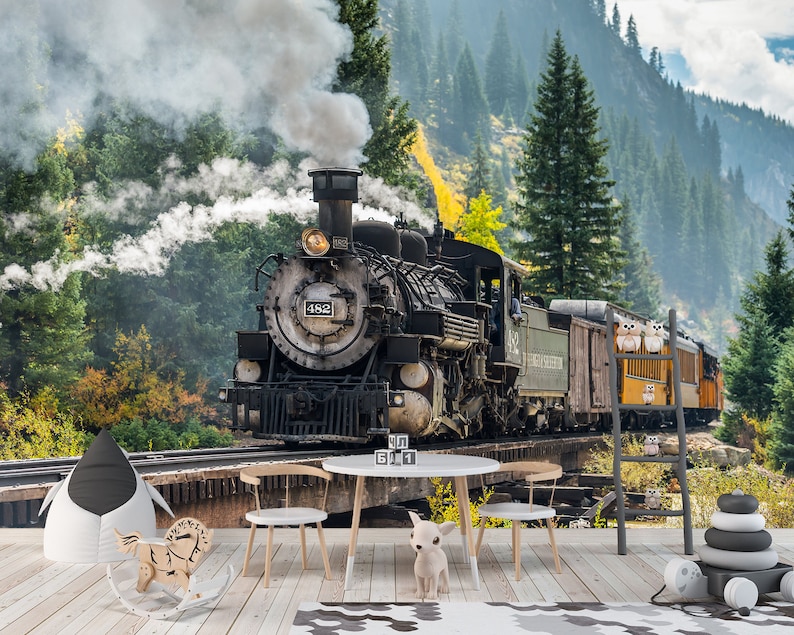 May include: A black steam locomotive train with smoke billowing from the chimney, traveling through a mountain pass with fall foliage. The train is labeled "452" on the side.