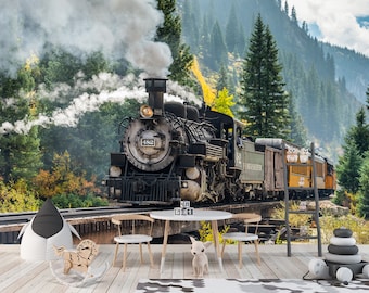 Old Steam Train Wall Mural Wallpaper Peel and Stick Old Train Wallpaper Nursery Wall Decor Kids Playroom Wallpaper Boy Room Wallpaper Print
