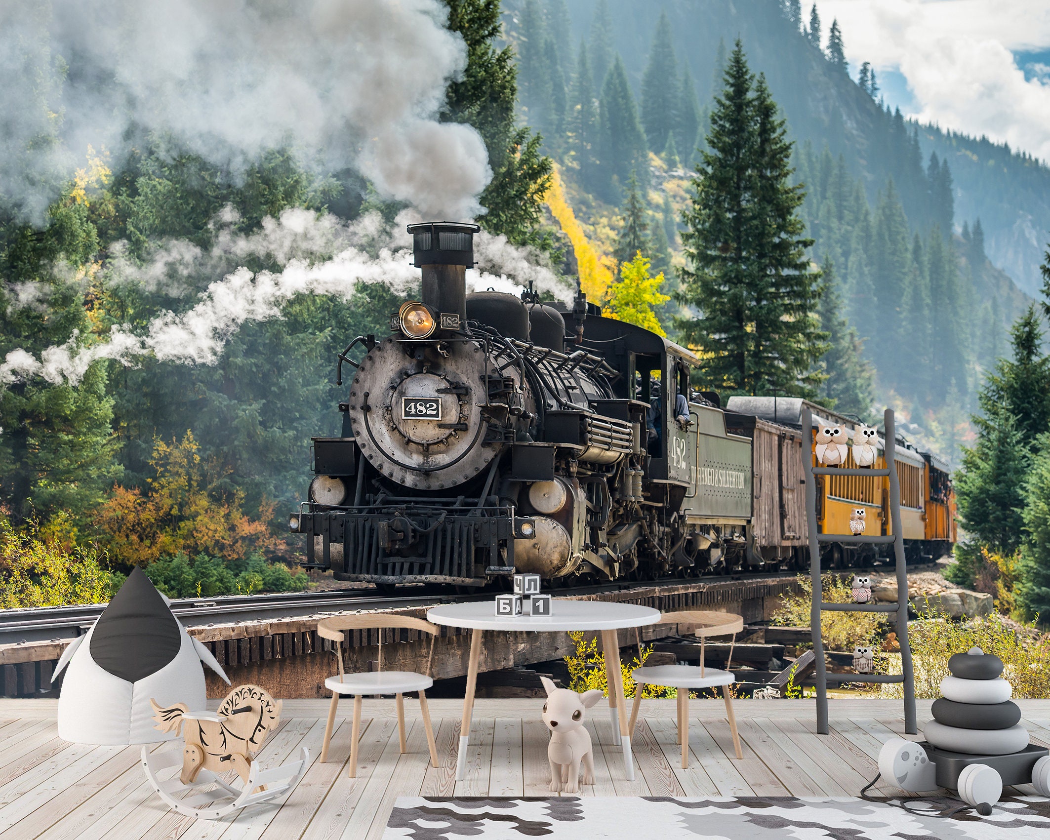 Old Steam Train Wall Mural Wallpaper Peel and Stick Old Train Wallpaper Nursery Wall Decor Kids Playroom Wallpaper Boy Room Wallpaper Print