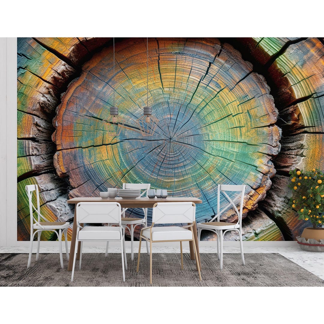 Tree Stump Rings Mural Abstract Colorful Tree Ring Wall Mural – Nature-inspired Rustic ...