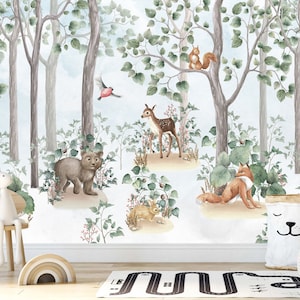 Carta da parati murale per la cameretta dei bambini, carta da parati con animali del bosco, carta da parati con acquerello, foresta, decorazione da parete per la sala giochi dei bambini, carta da parati tradizionale per bambini