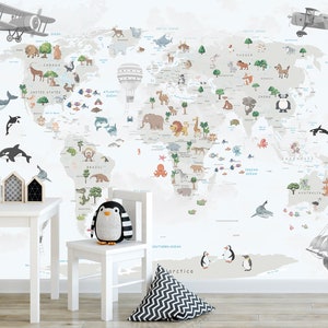 Weltkarte mit Ländernamen und Tieren Wandbild Kinderzimmer Tapete Kinderzimmer Kinder Karte der Welt Print Jungenzimmer Dekor Wandbild