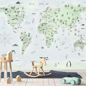Kinder Weltkarte Wandbild Kinderzimmer Tapete Kinderzimmer Spielzimmer Wanddruck Selbstklebend / Traditionelle Pastell Aquarell Tapete Benutzerdefinierte Größe