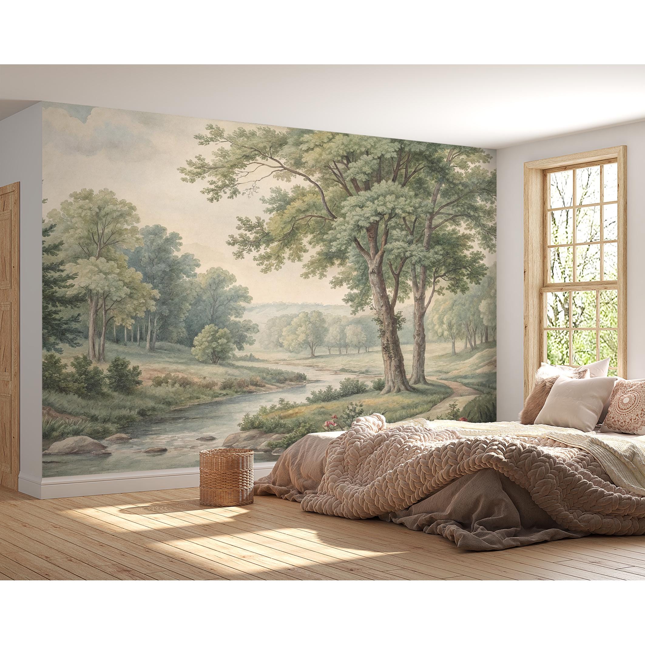 Countryside Mural Tree Scenic Wallpaper Peel & Stick Vintage Landscape ...