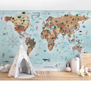Travel and Explore Kids World Map Wallpaper Kids Room Wall Mural Nursery Wallpaper Peel and Stick Map Decal Wallpaper Kid Name Mural Custom