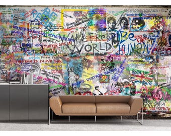 Papel de Parede Adesivo com Estampa de Grafite Urbano Exclusivo - Arte de Rua Colorida e Motivacional em Estilo Urbano