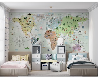 Colorful Watercolor Animal World Map Wallpaper - Kids Educational Peel and Stick Mural