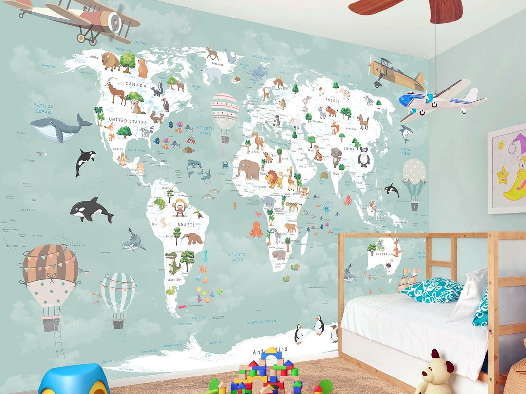 Nursery Wallpaper Animal Map Wall Mural Room Wall Decor Peel and Stick ...