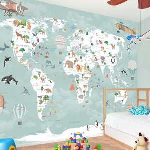 Kinderzimmer Tapete Tier Karte Wandbild Kunst Kinderzimmer Wanddekor Schälen und Aufkleben Kinderzimmer Tapete Jungen Mädchen Spielzimmer Reise Karte Tapete