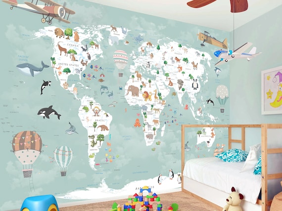 Nursery Wallpaper Animal Map Wall Art Mural Kids Room Wall - Etsy Singapore Nursery Wallpaper Animal Map Wall Art Mural Kids Room Wall - Etsy Singapore