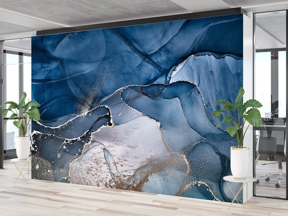 Mármol en tonos de azul pared mural papel pintado pared arte Peel