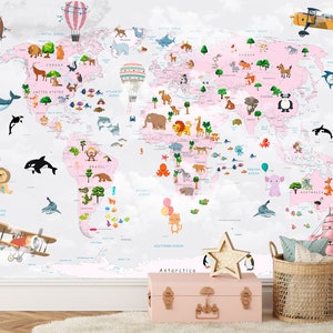Carta da parati murale con mappa di viaggio per bambini rosa, staccabile e adesiva, per la stanza delle bambine, decorazione da parete per la stanza dei bambini, carta da parati per la cameretta dei bambini, carta da parati per la camera dei bambini