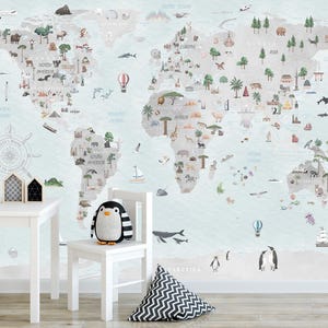 Spaß Weltkarte Wandbild Kinderzimmer Tapete Kinderzimmer Spielzimmer Wanddruck Selbstklebend / Traditionelle Pastell Aquarell Tapete Benutzerdefinierte Größe