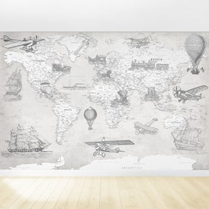 Carta da parati murale antica mappa del mondo carta da parati grigia decorazione da parete camera dei bambini carta da parati retrò / autoadesiva / carta da parati tradizionale vintage