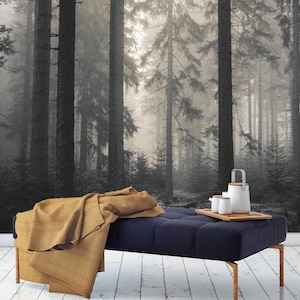 Dark Foggy Forest Wallpaper Peel and Stick \ Traditional | Misty Trees Wallpaper Mural Modern Wall Decor Bedroom Living Room Wallpaper Moody image 7