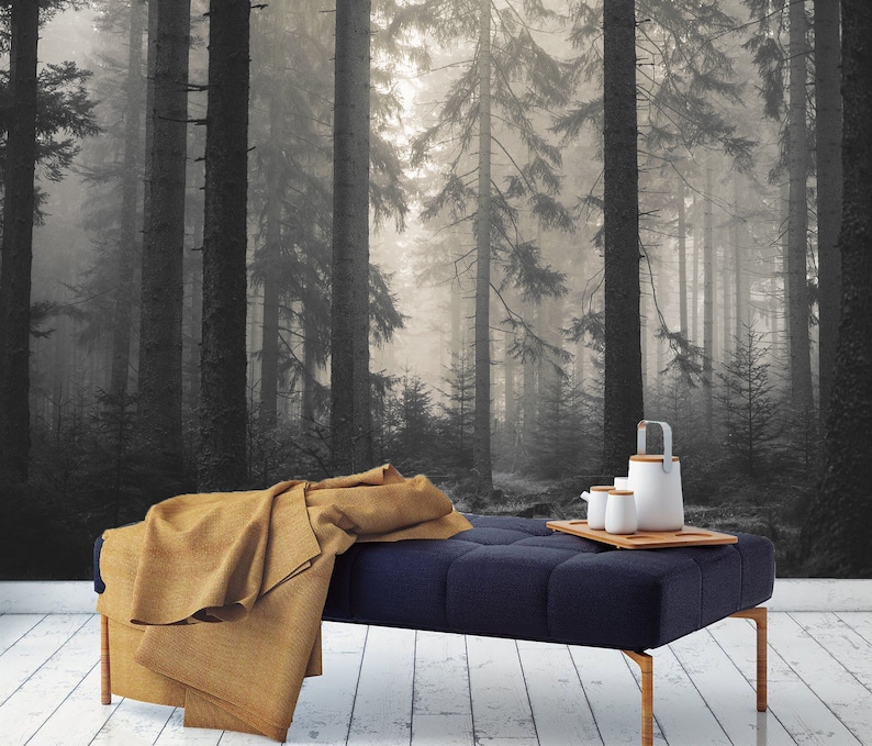 Dark Foggy Forest Wallpaper Peel and Stick \ Traditional | Misty Trees Wallpaper Mural Modern Wall Decor Bedroom Living Room Wallpaper Moody image 7