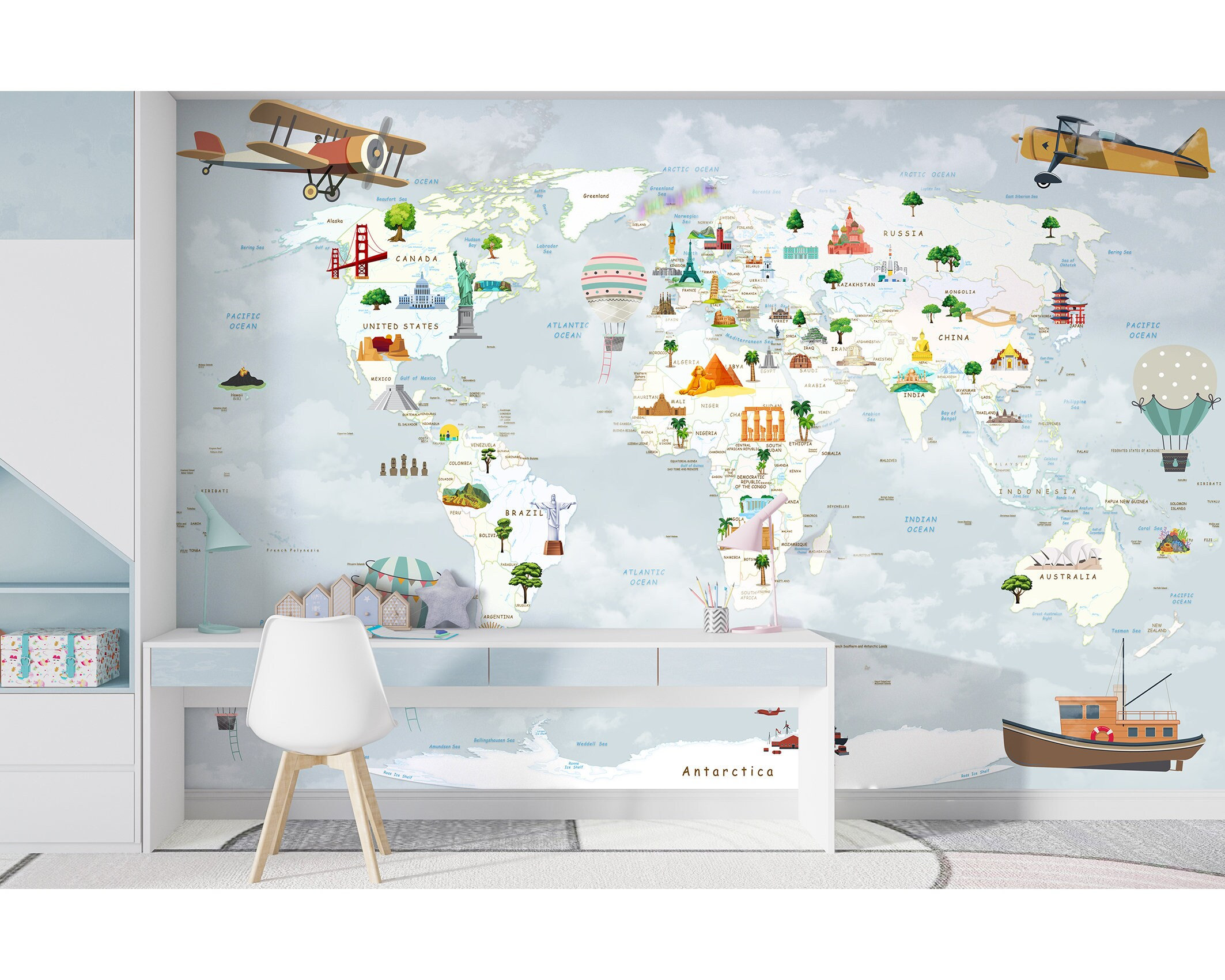 Kids Room Wallpaper Peel and Stick World Map with Famous Monuments Kids Wall Mural Nursery Playroom Wallpaper Boy Room Wall Decor Wall Mural