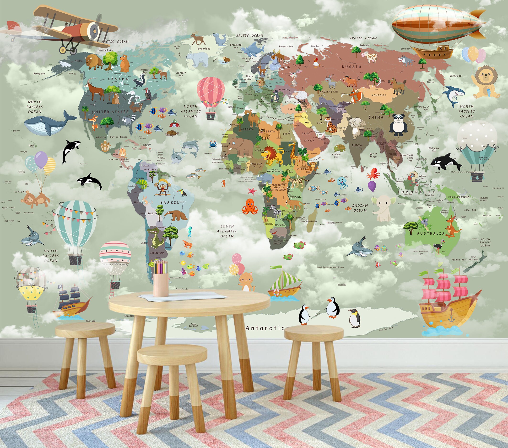 Nursery World Map Mural Wallpaper Educational World Map Peel Etsy
