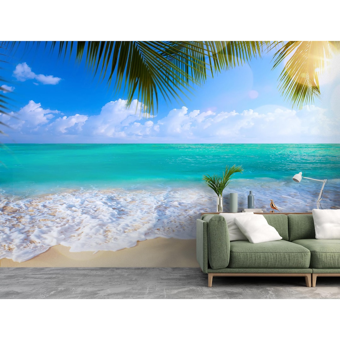 Blue Tropical Beach Wallpaper Mural Peel and Stick Paradise Wall Decor ...