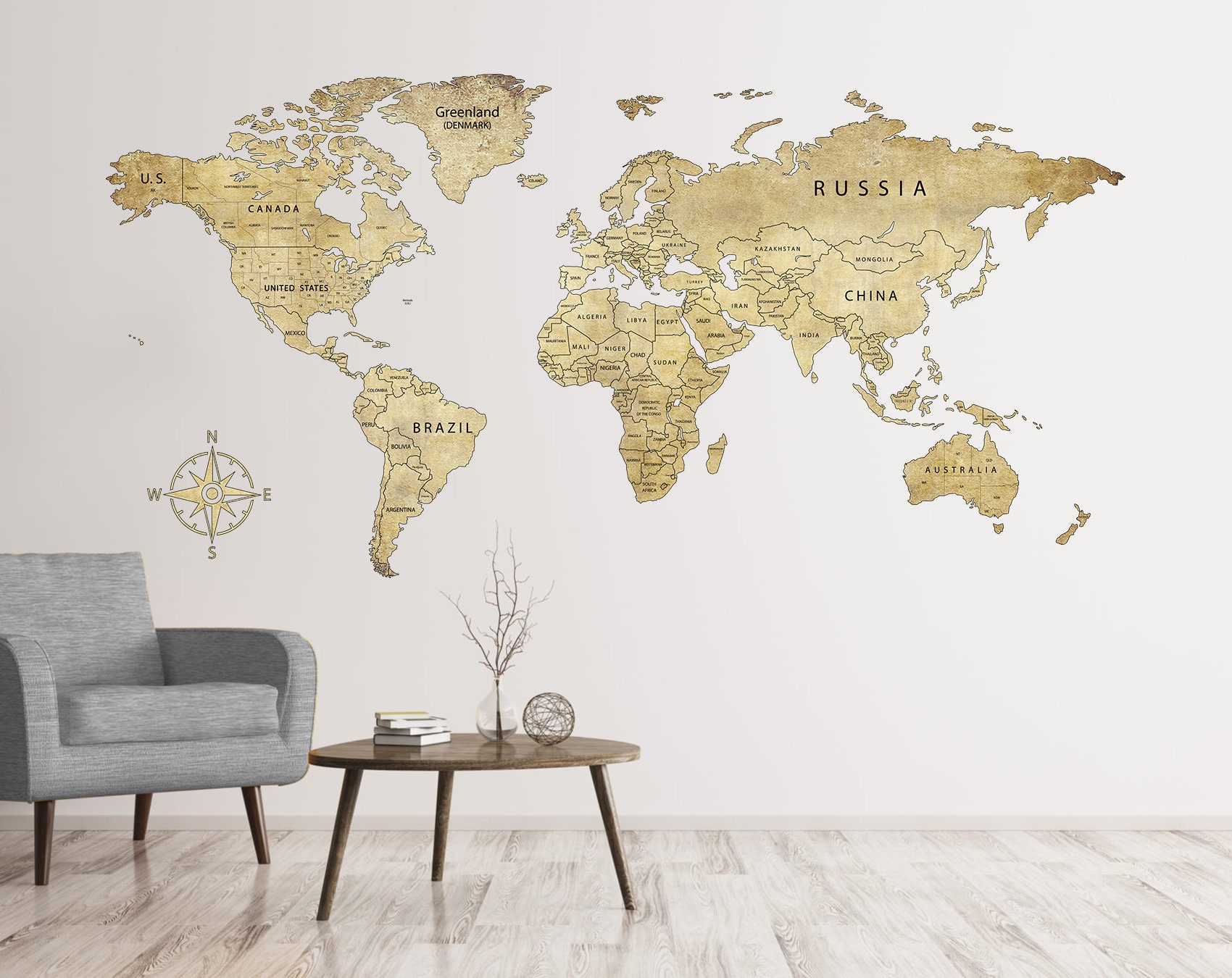 Vintage World Map Wall Sticker Print Large Wall Art Decal Modern Wall ...