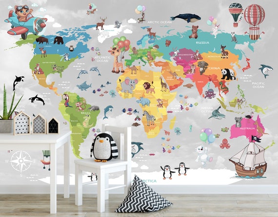 World Map Wallpaper Kids Room Decor Playroom Animal Map Wall Art Kid World  Map Decal Nursery World Map Mural Peel N Stick Baby Shower Gift 