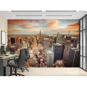 New York Wandbild Stadt Sonnenuntergang Tapete Schälen und Aufkleben NY Tapete Stadt Tapete Wolkenkratzer Tapete Stadtbild Wandbilder Büro Dekor