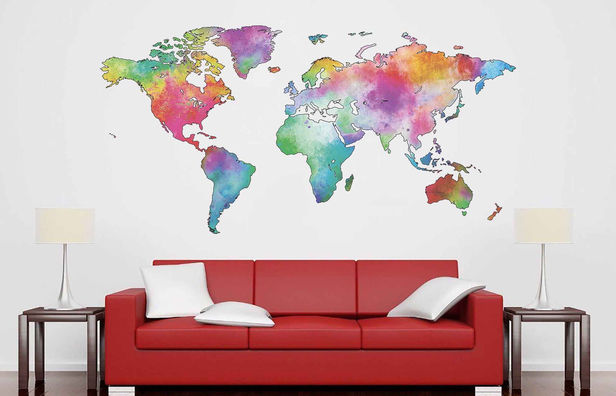 Abstract World Map Large Wall Sticker Watercolor World Map Print Decor ...