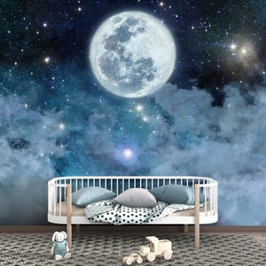 Fantastic Full Moon Mural Cloudy Night Sky Wallpaper Peel and Stick \ Traditional, Fantasy Night Sky Galaxy Stars Scenic Wallpaper Bedroom