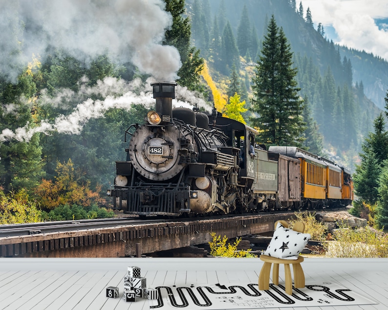 May include: A wall mural featuring a black steam locomotive numbered 482 travelling on a bridge through a forest, with a small wooden chair holding a white pillow with black stars and several small black and white alphabet blocks on the floor.
